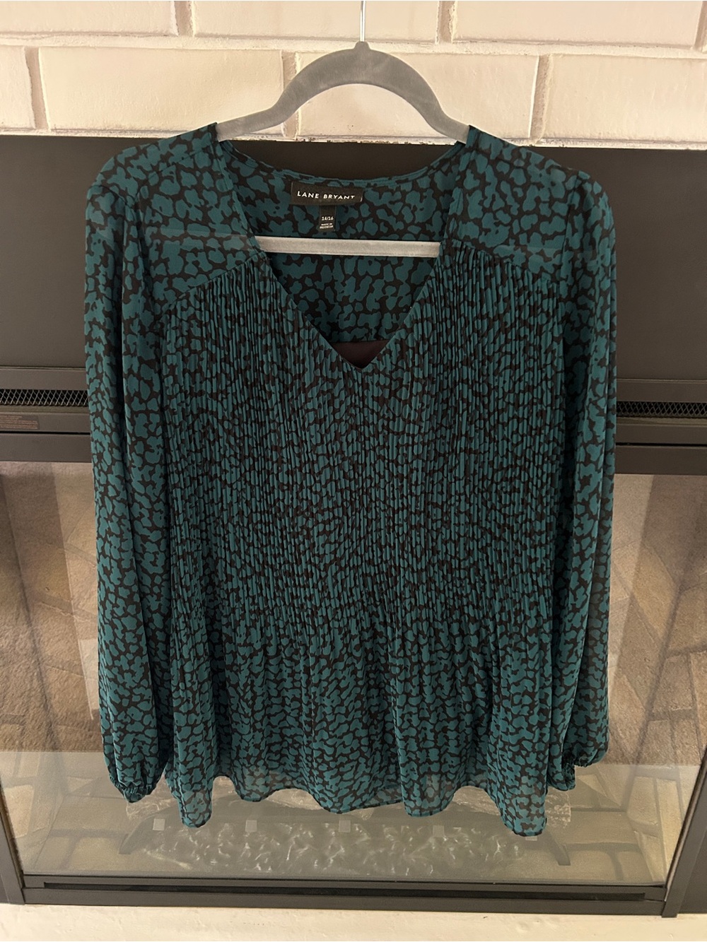 Lane Bryant Teal and Black Printed Pleated V-Neck Top